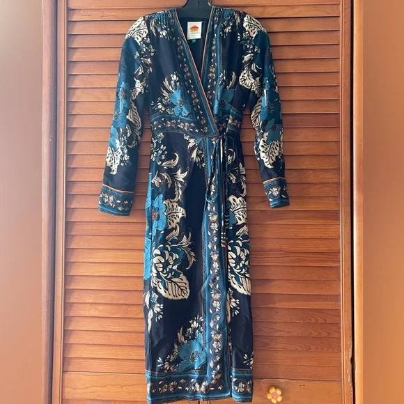 knee length dresses for ladies WRAP-FRONT MIDI DRESS (Grey Ravens & Blossoms) – THEBLACKWARDROBE.COM main image 0